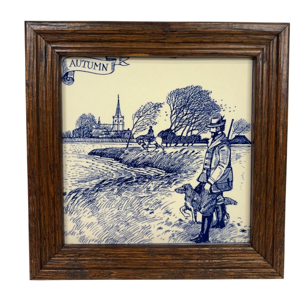 Delft Holland Handmade Blue White Autumn Tile Framed Wall Art Hunting Scene